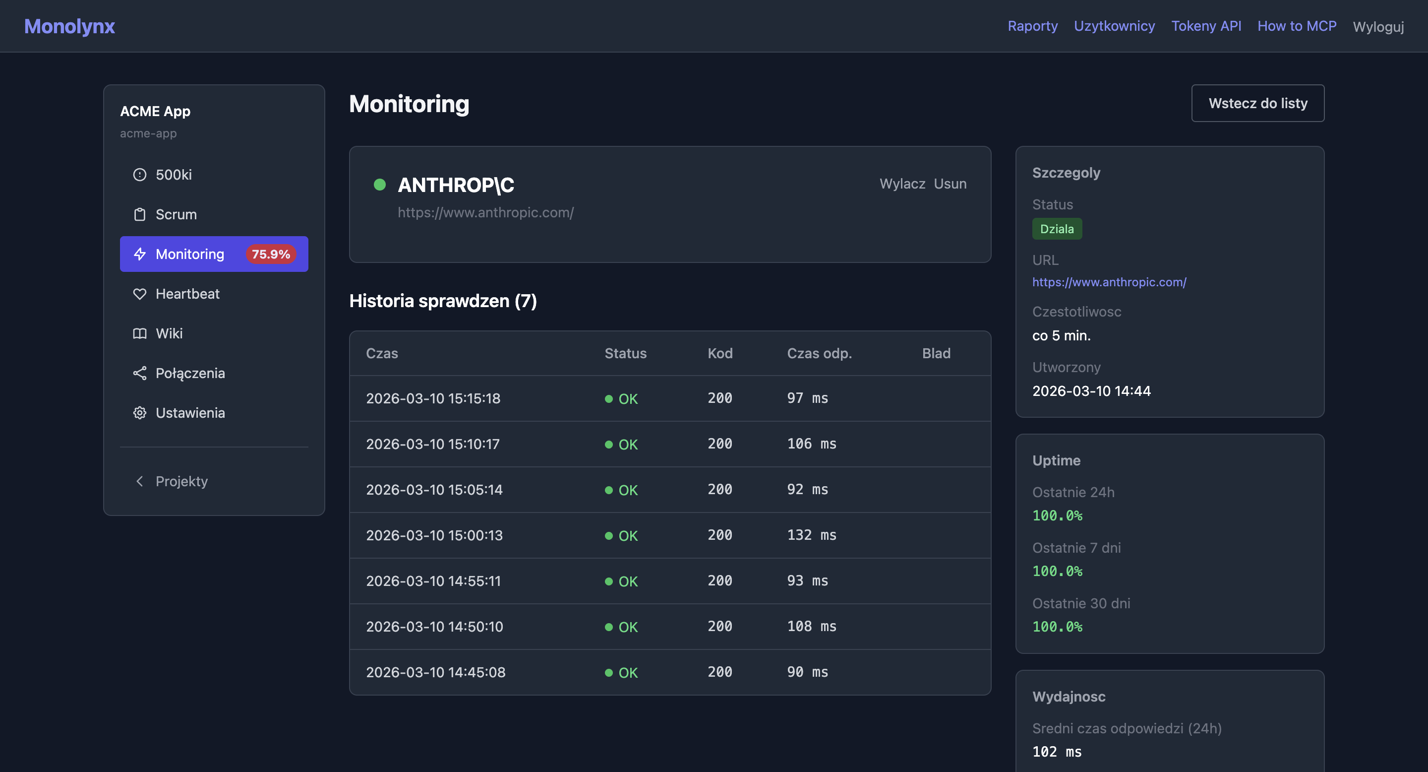 Monitor details with check history and response times