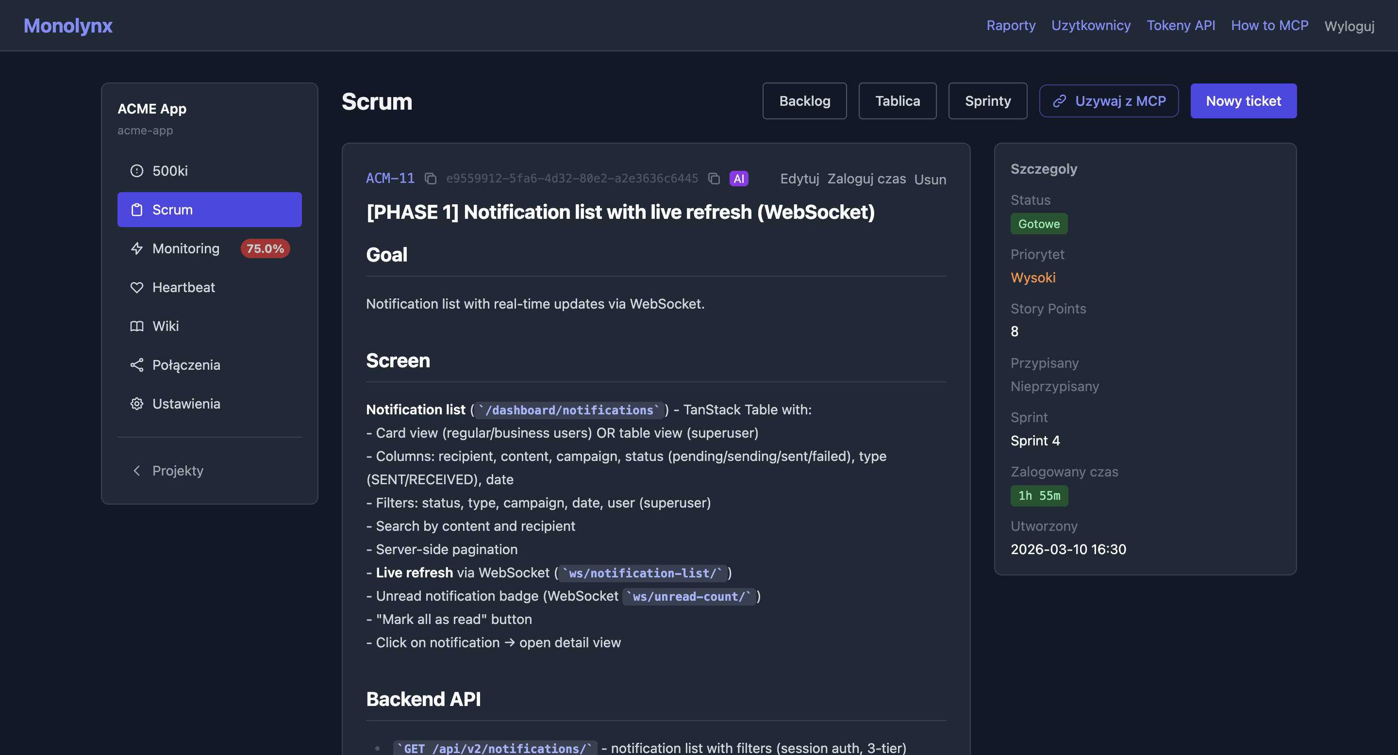 Backlog with status, priority, and assignee filtering